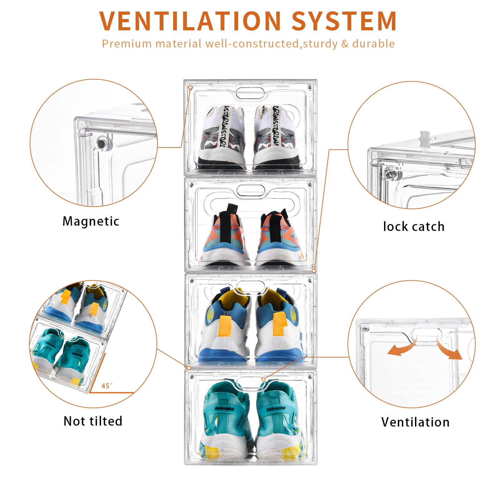 VOZOGO 6 Pack Clear Shoe Storage Organizer Box, Stackable Plastic Shoe Cabinet Box Set with Magnetic Door, Shoe Rack for Sneaker Storage,Shoe Containers 13.4"x 9.8"x 7.1"