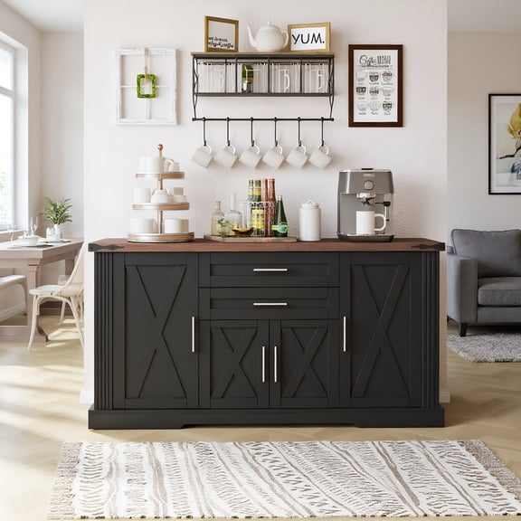 Resenkos 63" Farmhouse Barn Door Storage Cabinet, 2 Drawers & Door Rack, Large Buffet Table Coffee Bar Cabinets, Adjustable Shelves, Kitchen, Black