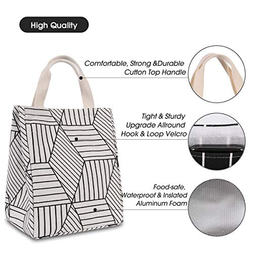 Homespon Reusable Lunch Bag Printed Canvas Fabric with Geometric Pattern White