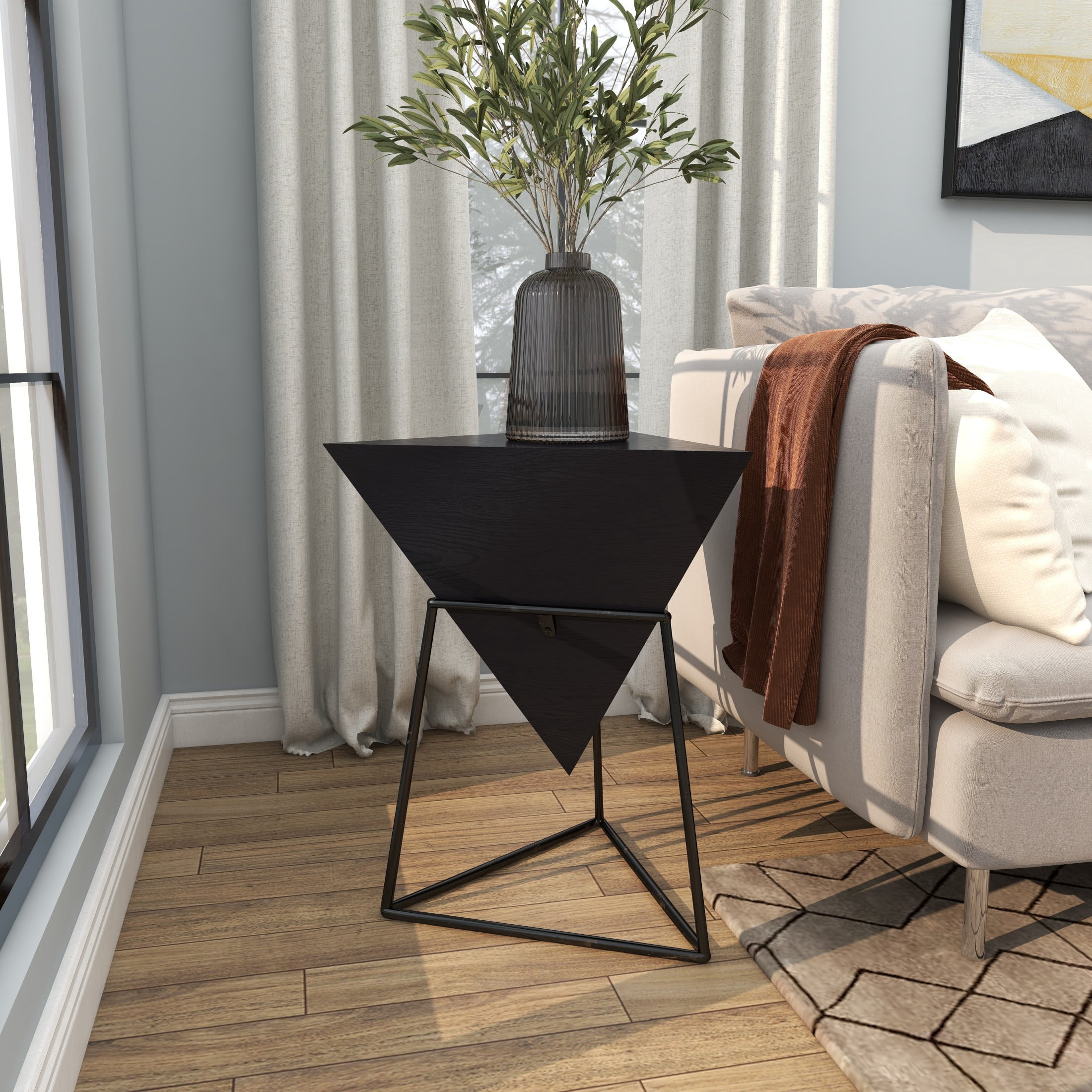 DecMode 19" x 24" Black Wood Inverted Pyramid Geometric Accent Table with Black Metal Stand, 1-Piece