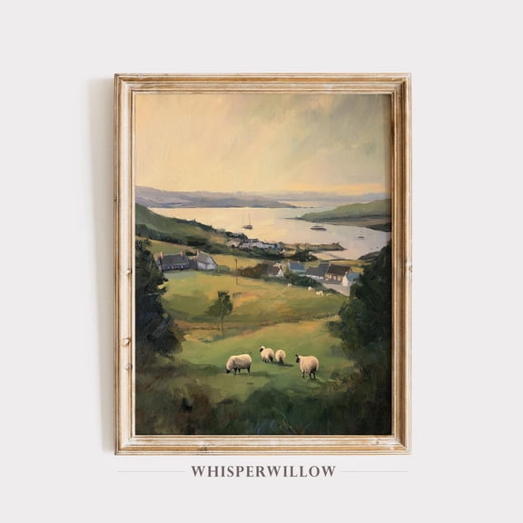 Irish Countryside Coastal Scene,, Sheep Grazing, Vintage Farmhouse Wall Decor, Rustic Pastoral Landscape Home Decor, 8x12 UNFRAMED