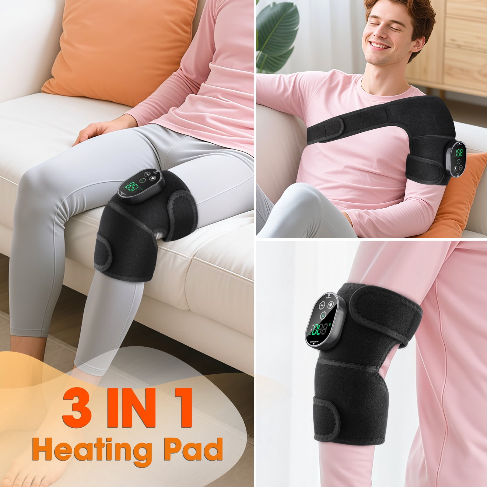 Cordless Heated Knee Massager, 3 in 1 Knee Massager with Heat and Vibration, Portable Electric Massage Knee Heating Pad for Elbow Shoulder Brace Wrap, 3 Vibration Heat, LED Display