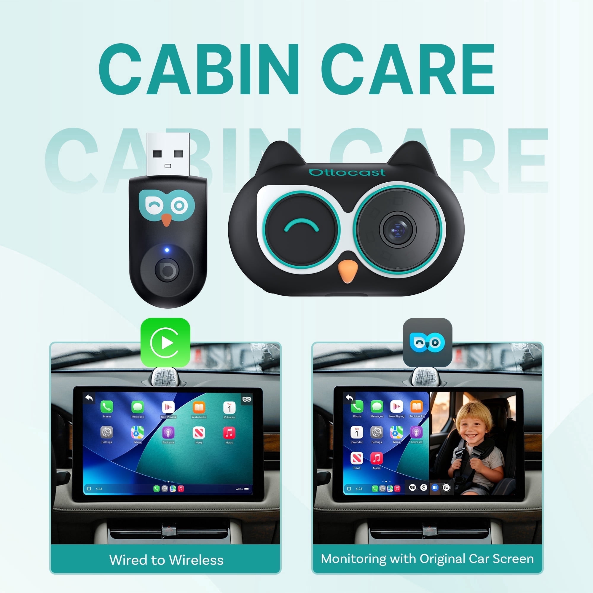Ottocast Cabin Care Adapter Wireless CarPlay Adapter Car Accessories Camera 1080P HD for Baby Kids Pets
