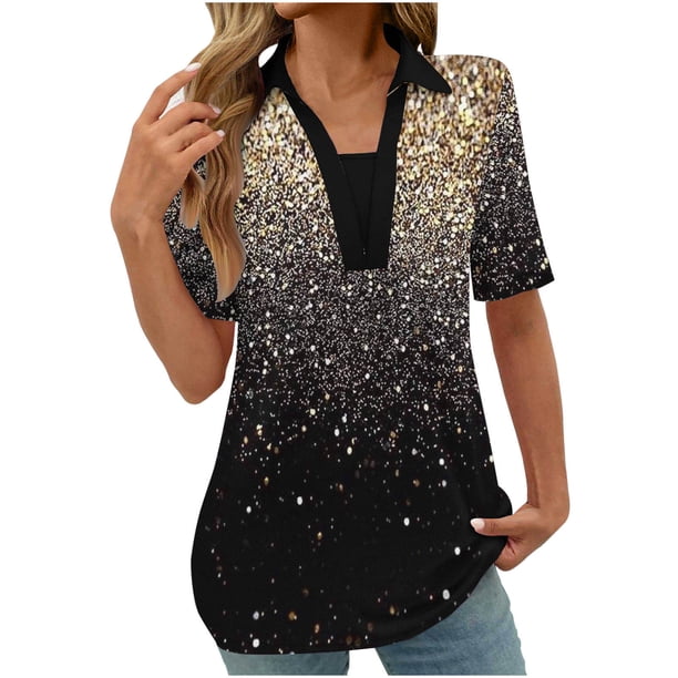 Tops Cortos para las Mujeres Blusas Impresas Manga Corta Turndown Collar Camiseta, Tops de Blusa para las Mujeres Casual