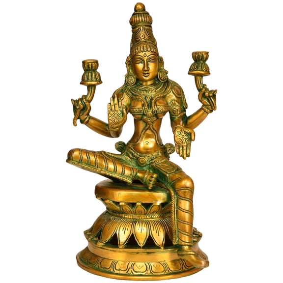 12" Goddess Lakshmi Seated on Lotus Pedestal In Brass | Handmade | Made In India