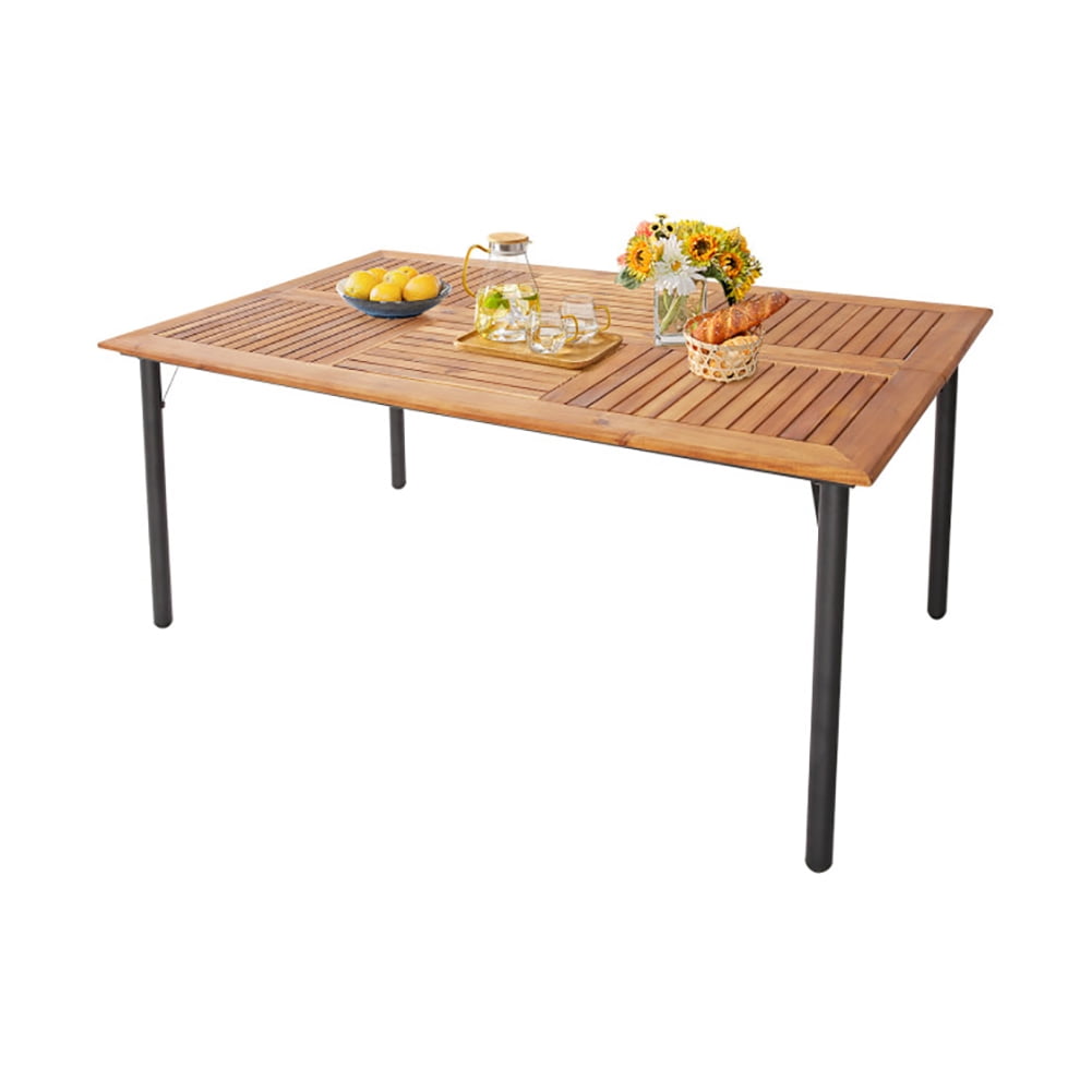 Aimee Lii Patio Acacia Wood Dining Table with Umbrella Hole and Metal Legs, Outdoor Patio Furniture