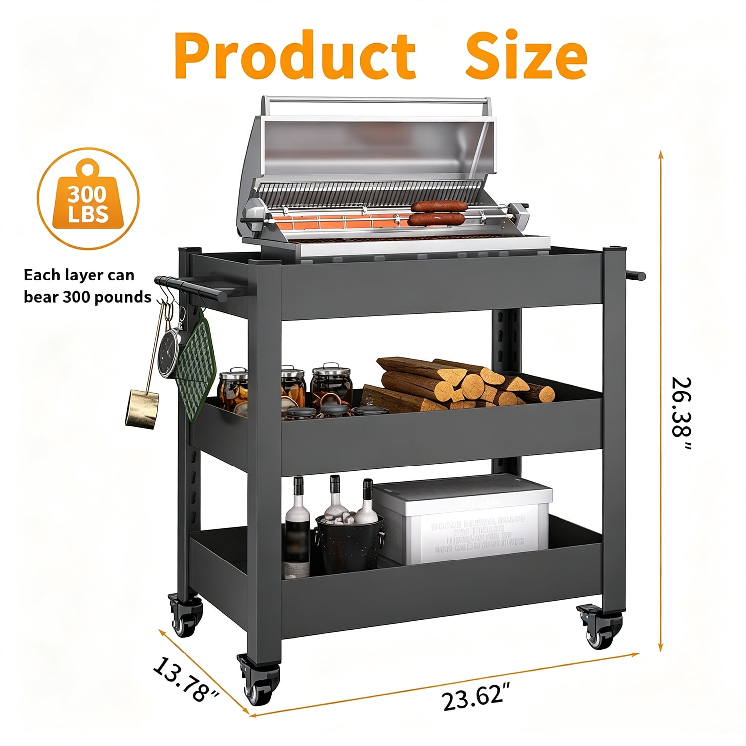 Heavy-Duty Grill Cart with 3-Tier Storage and Pegboard for BBQ