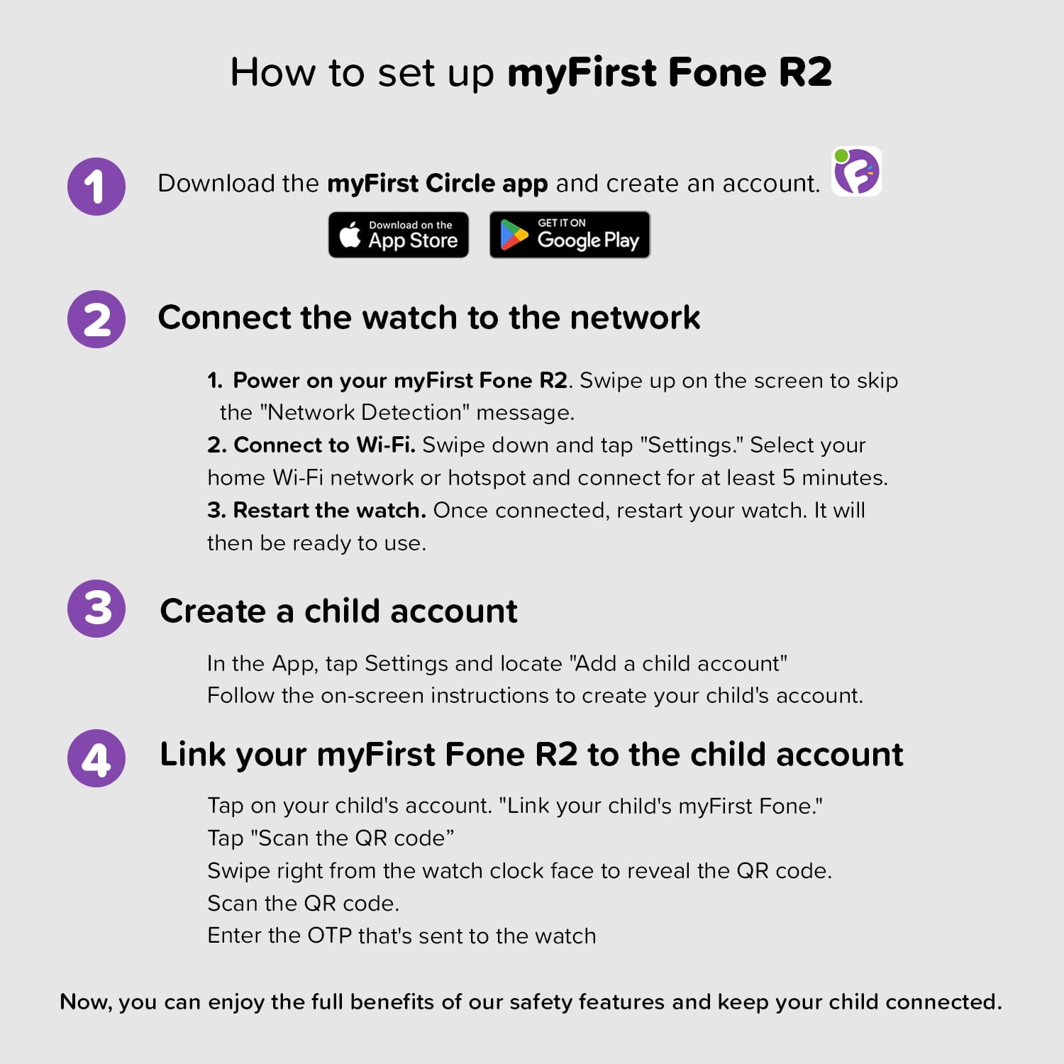 myFirst Fone R2 Acai Purple Kids Smartwatch Phone: GPS Safety, Video Call, SOS, eSIM - For Ages 5-12 in USA/Canada