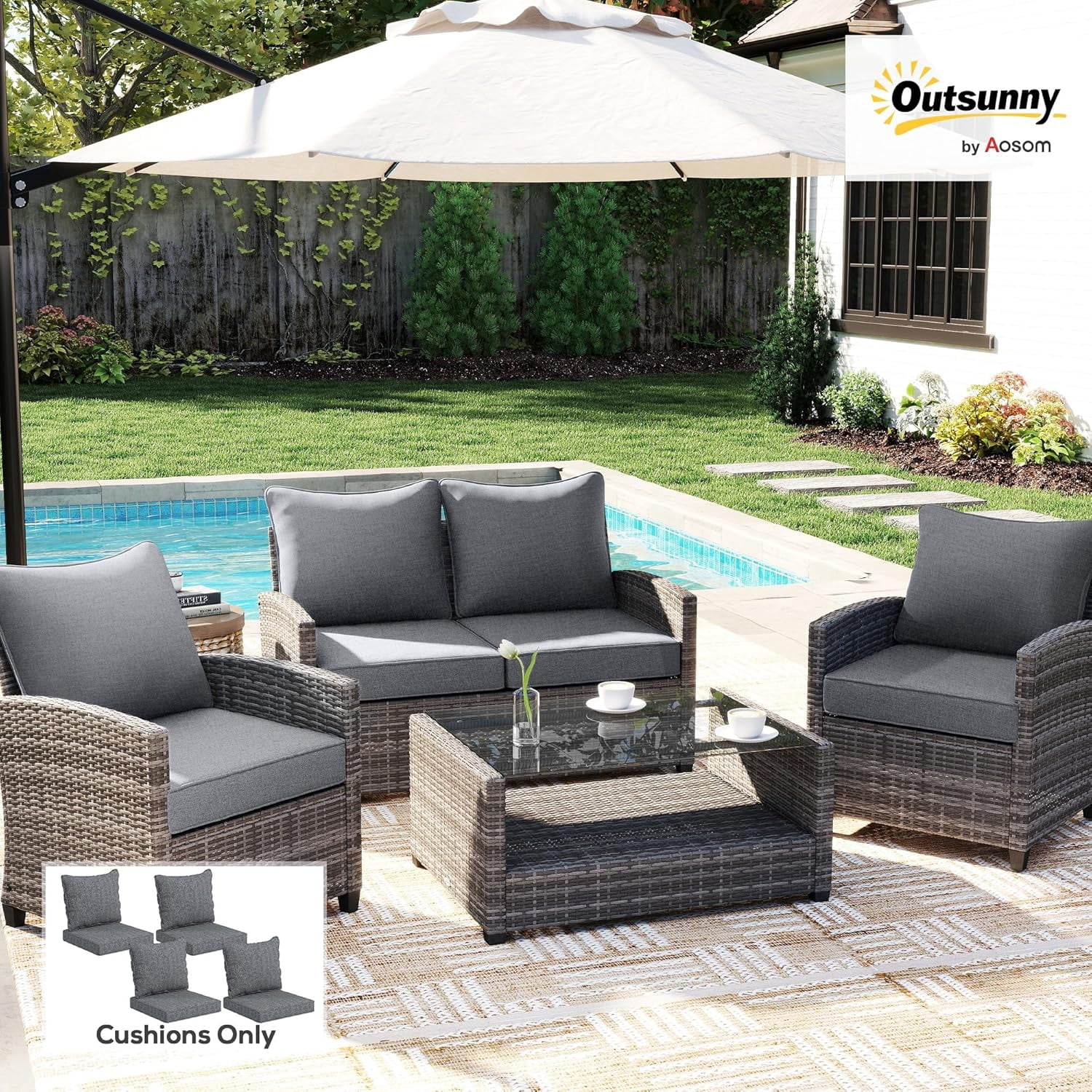 Outdoor Chair Cushions Set of 4, Fade Resistant, 24 x 24 in Deep Seat, Patio Cushions for Chair, Sofa, and Outdoor Furniture, Gray