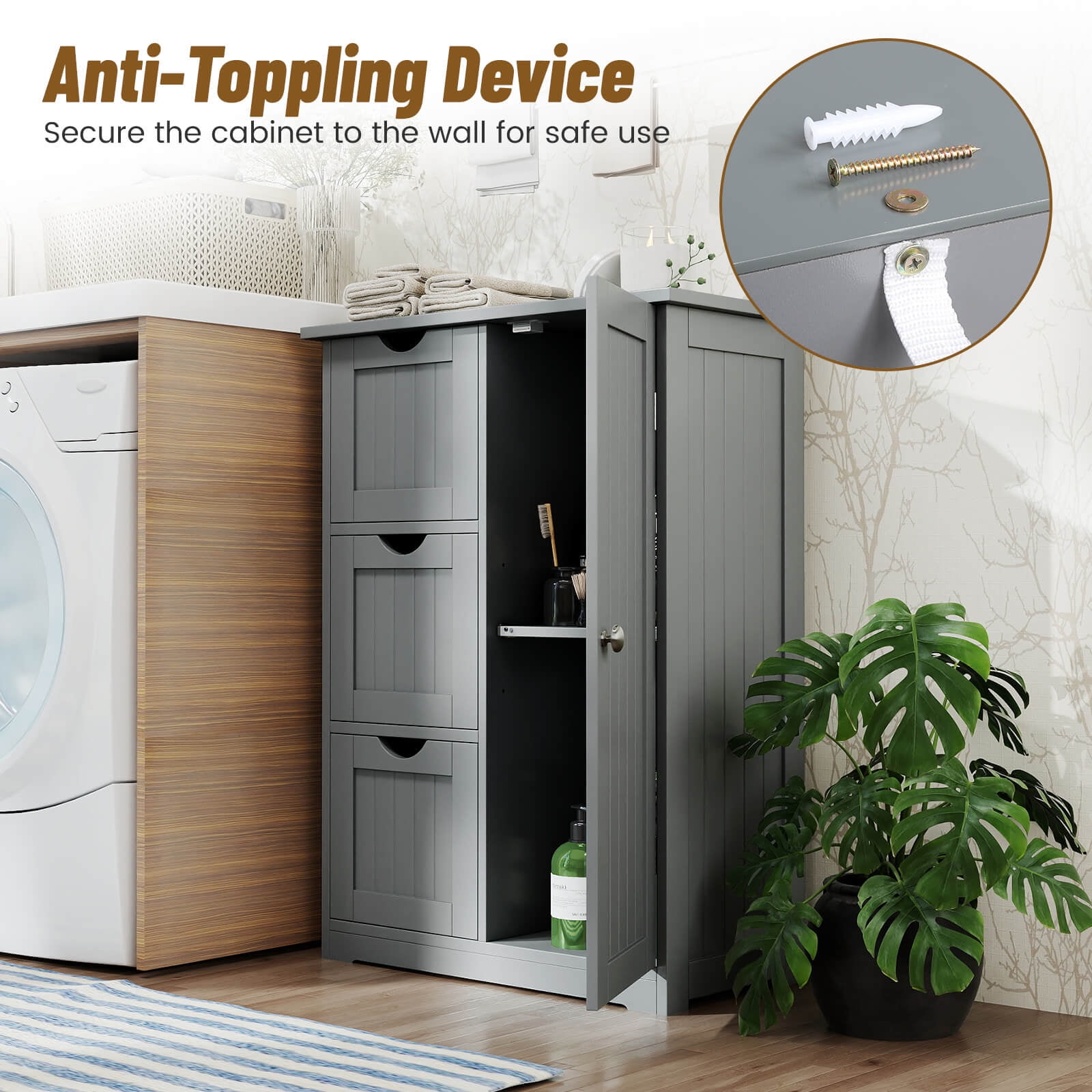 Costway Bathroom Floor Cabinet Side Storage Cabinet with 3 Drawers and 1 Cupboard Grey