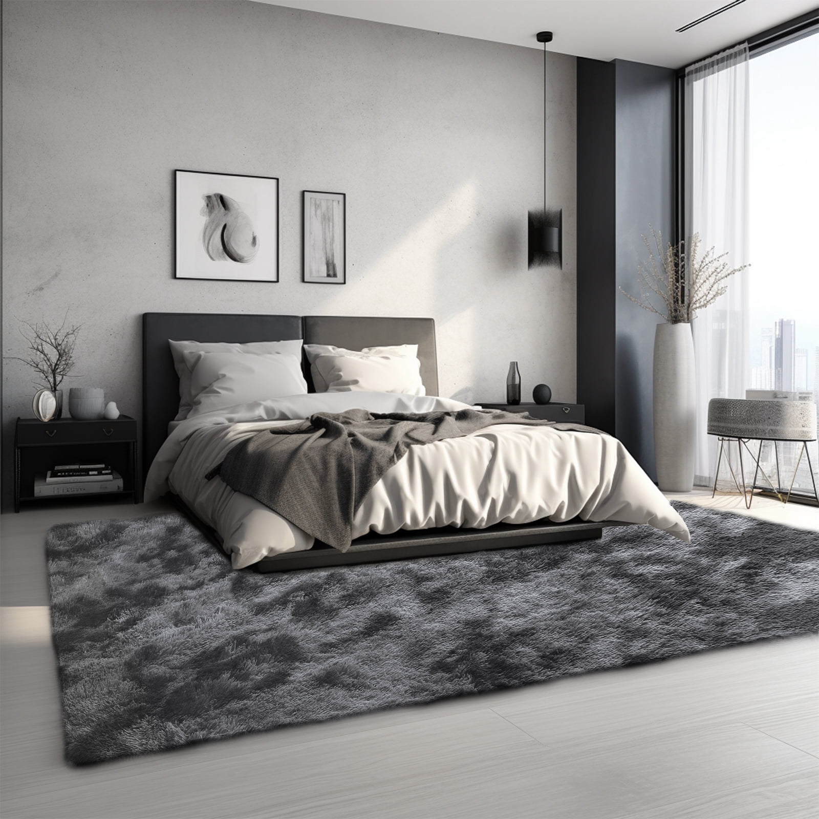 Solid Color Fluffy Rugs, Non-slip Soft Shaggy Floor Carpet Mats & Rugs for Room Decor, Washable Non-slip Area Rug, Modern-style Decorative Carpets for Home Livingroom Bedroom, Tie-dye Dark Gray