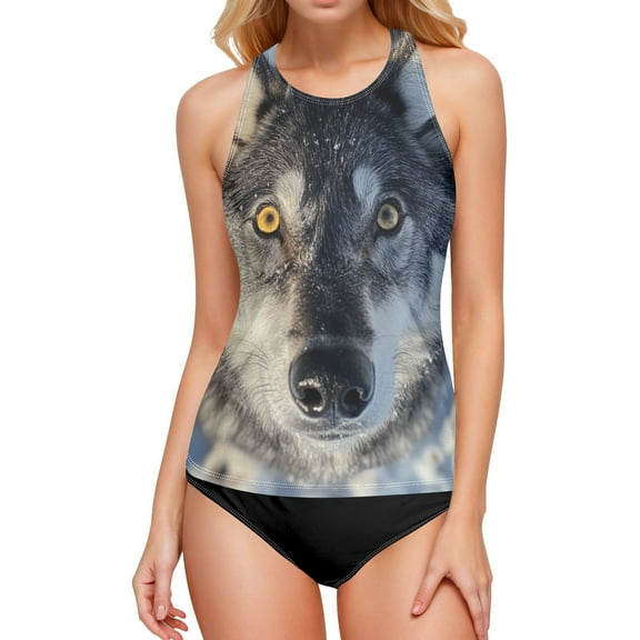 Women's Printed Tankini Top - High Elasticity Slim-Fit Swimsuit with Removable Straps & Cups, Perfect for Beach & Pool Parties,A Gray Wolf