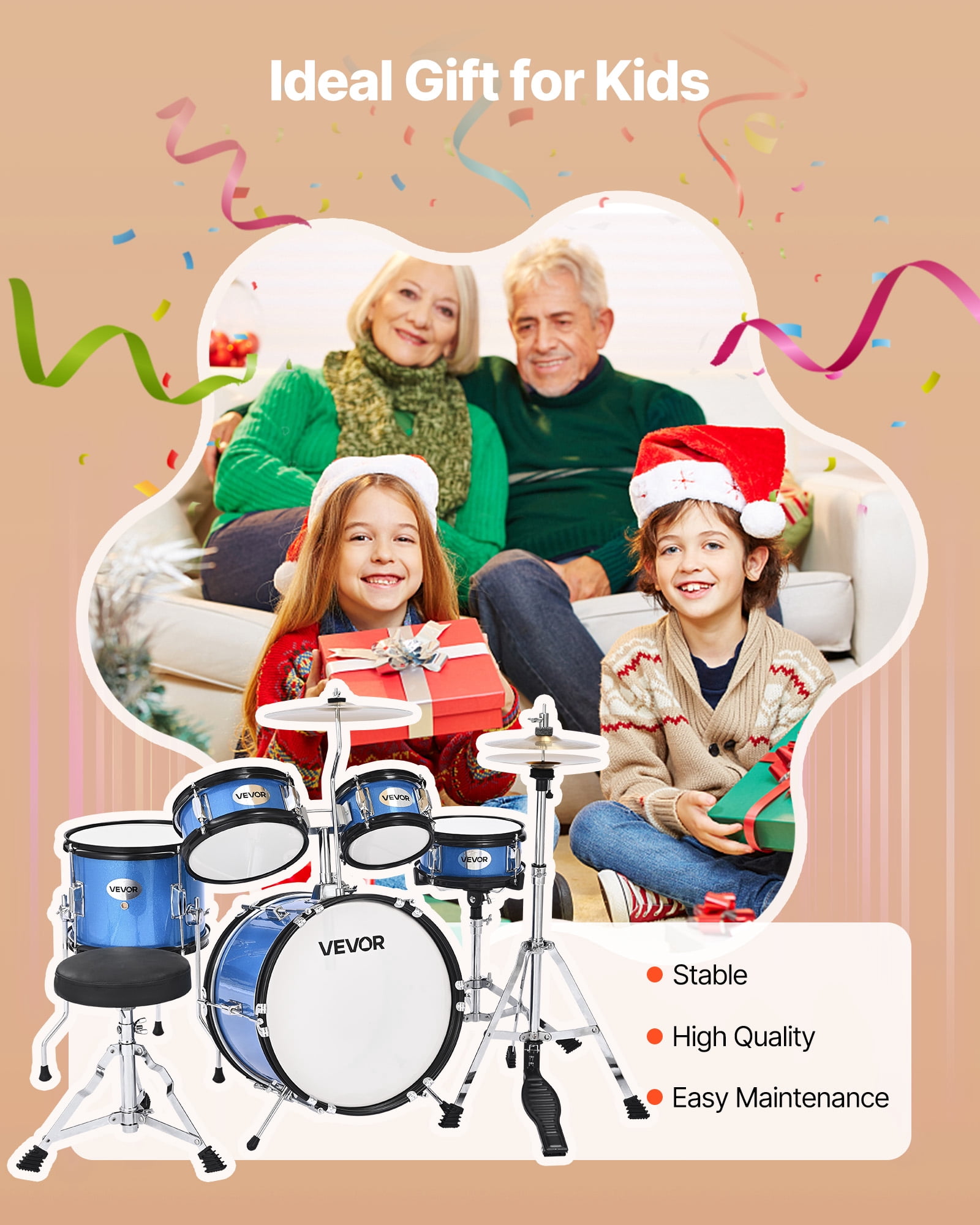 VEVOR Kids Drum Set, 5-Piece 14 in Junior Drum Sets, Beginner Drums Set with Adjustable Throne,Cymbal & Two Pairs of Drumsticks, Musical Learning Drums Instruments Kit,for Children Ages 6-13 (Blue)