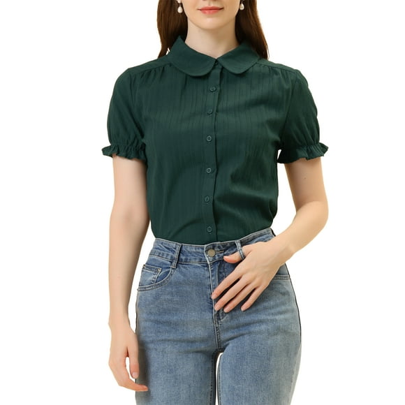 INSPIRAR CHIC Blusas de Algodón con Cuello Peter Pan y Botones Vintage para Mujeres Chic Verde Oscuro XS