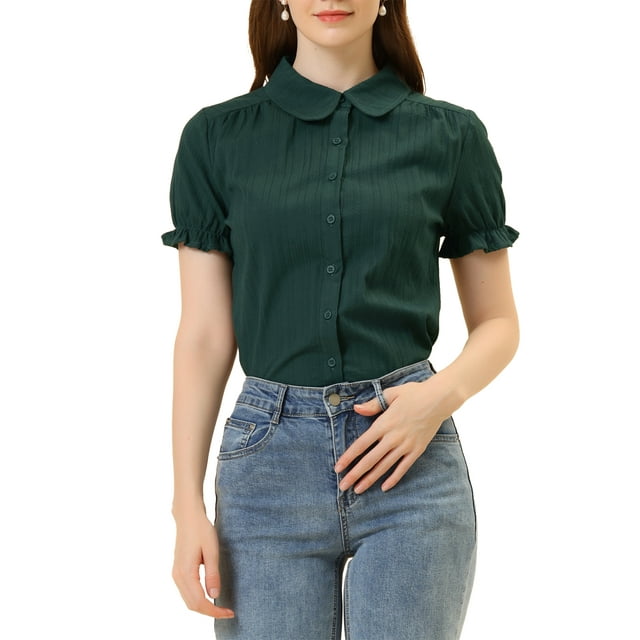 INSPIRAR CHIC Blusas de Algodón con Cuello Peter Pan y Botones Vintage para Mujeres Chic Verde Oscuro XS