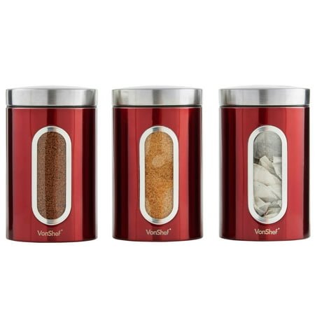 Vonshef Set Of 3 Tea Coffee Sugar Canisters With Window Red Vonshef Set Of 3 Tea Coffee Sugar Canisters With Window Red Stainless
