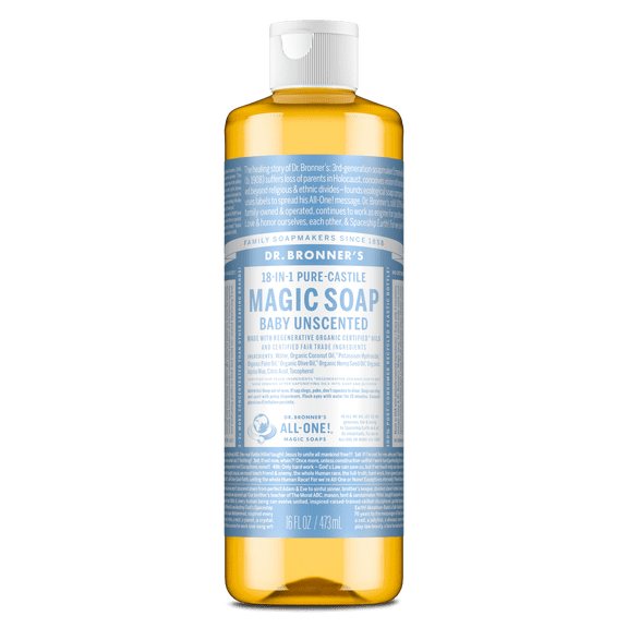 Dr. Bronner's Magic Soap - Baby Unscented - Pure-Castile Liquid Soap - 16 fl oz - for Face, Body Wash, Hands