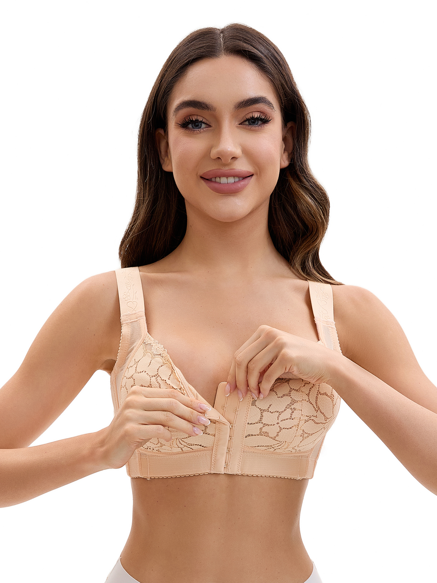 Unique Bargains Lace Front Closure Full Coverage Wirefree Bras E 44 Beige