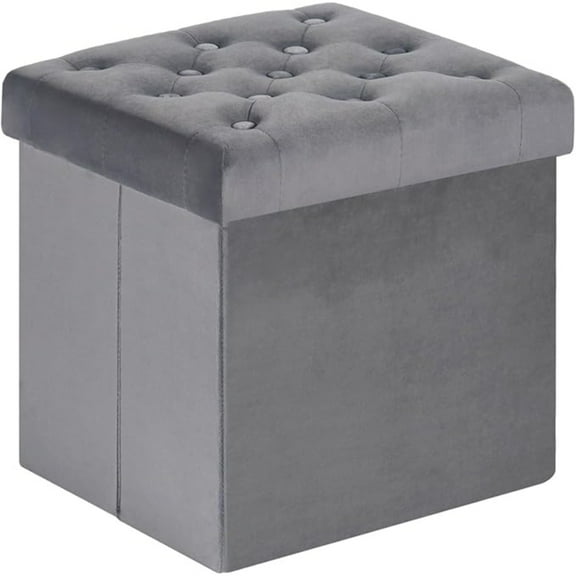 Storage Ottoman Cube, Velvet Tufted Folding Ottomans with Lid, Footstool Rest Padded Seat for Bedroom (Grey, Medium)