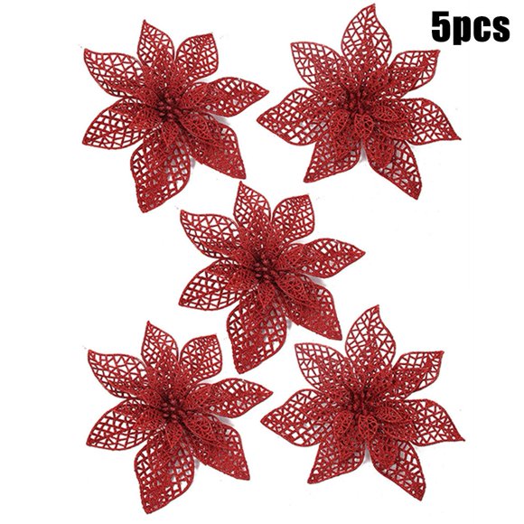 5Pcs Christmas Glitter Artificial Poinsettia Flowers Xmas Poinsettia Artificial Wedding Flowers Decorations Xmas Tree Ornaments for Party Favors, 7.6inch