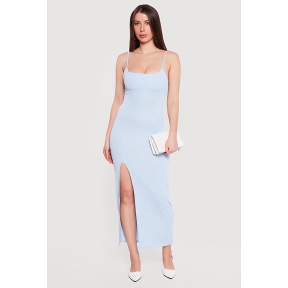 Women's Ribbed Knit Front Slit Scoop Neck Dress