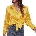 thumbnail image 3 of Womens Blouses Autumn Winter Satin Silk Solid Color Lapel Long Sleeve Loose Casual Tops Streetwear, 3 of 6