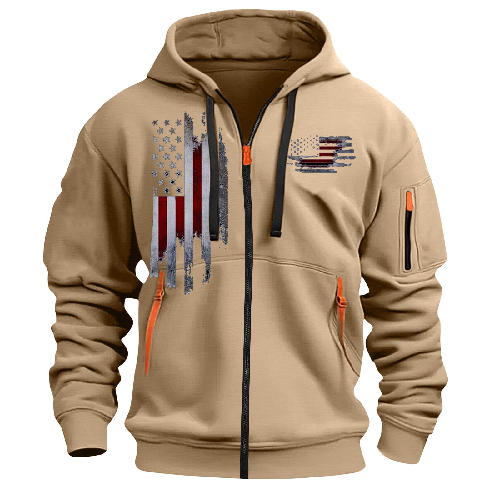 Mens Casual Hooded Sweatshirt Jacket Multi-Pocket Vintage Print