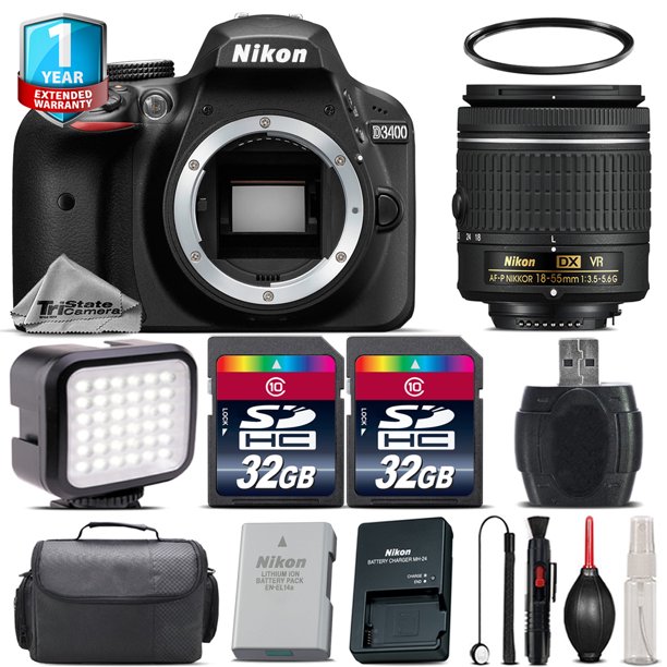 Nikon D3400 DSLR Camera + 1855mm VR + LED + Case + 1yr Warranty 64GB