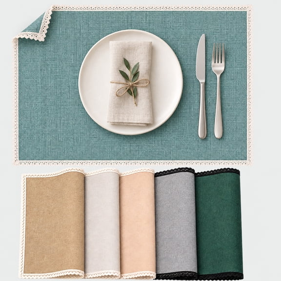 Hyknon Dining Table Placemats Set of 6, Washable Wipeable Farmhouse Table Mats with Lace, Heat-Resistant Non-Slip Place Mats for Indoor Outdoor Kitchen Wedding, Green