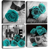 Teal Canvas Wall Art Turquoise Rose Flower Wall Decor for Bathroom Kitchen Black and White Floral Prints Picture Romantic Love Sign Wooden Texture Background Framed Artwork Home Decoration 16x16 4Pcs