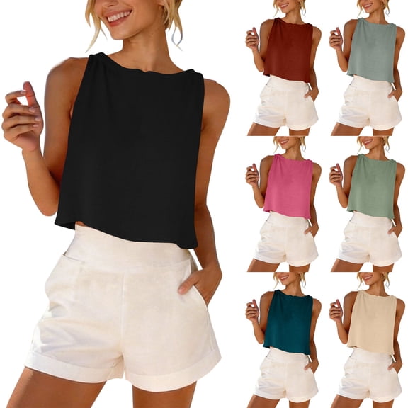 AnuYalue Linen Tank Tops for Women Loose Fit Crew Neck Cropped Tees Summer Beach Sleeveless Shirt