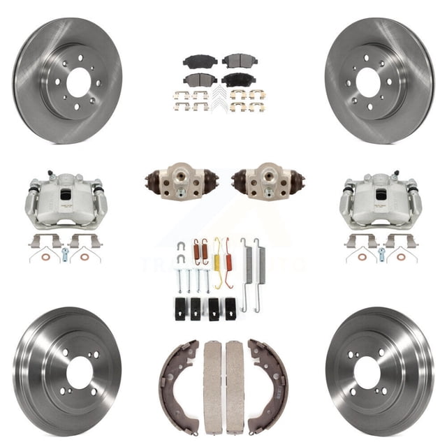 Transit Auto Front Rear Disc Brake Caliper Rotors Drums Semi-Metallic Pads Shoes Wheel Cylinders and Hardware Kit (11Pc) for Car 2015-2019 Honda Fit KC8-100919P