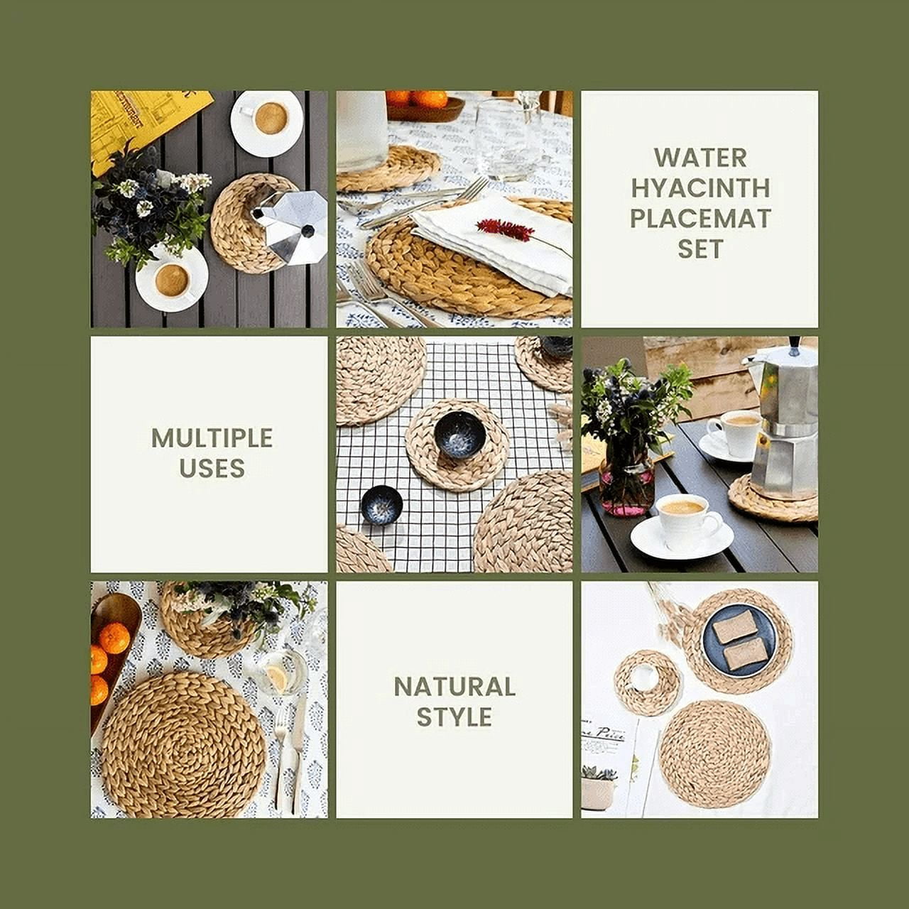 Coasters Set of 4, Water Hyacinth Coasters, Coasters for Drinks,Natural Wicker Drink Coasters, Weave Placemats Handmade for Coffee