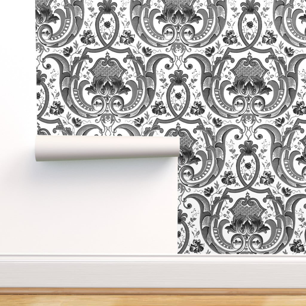 Peel & Stick Wallpaper Swatch - Damask Victorian Floral Trellis Brocade  Chic Black White French Custom Removable Wallpaper by Spoonflower -  