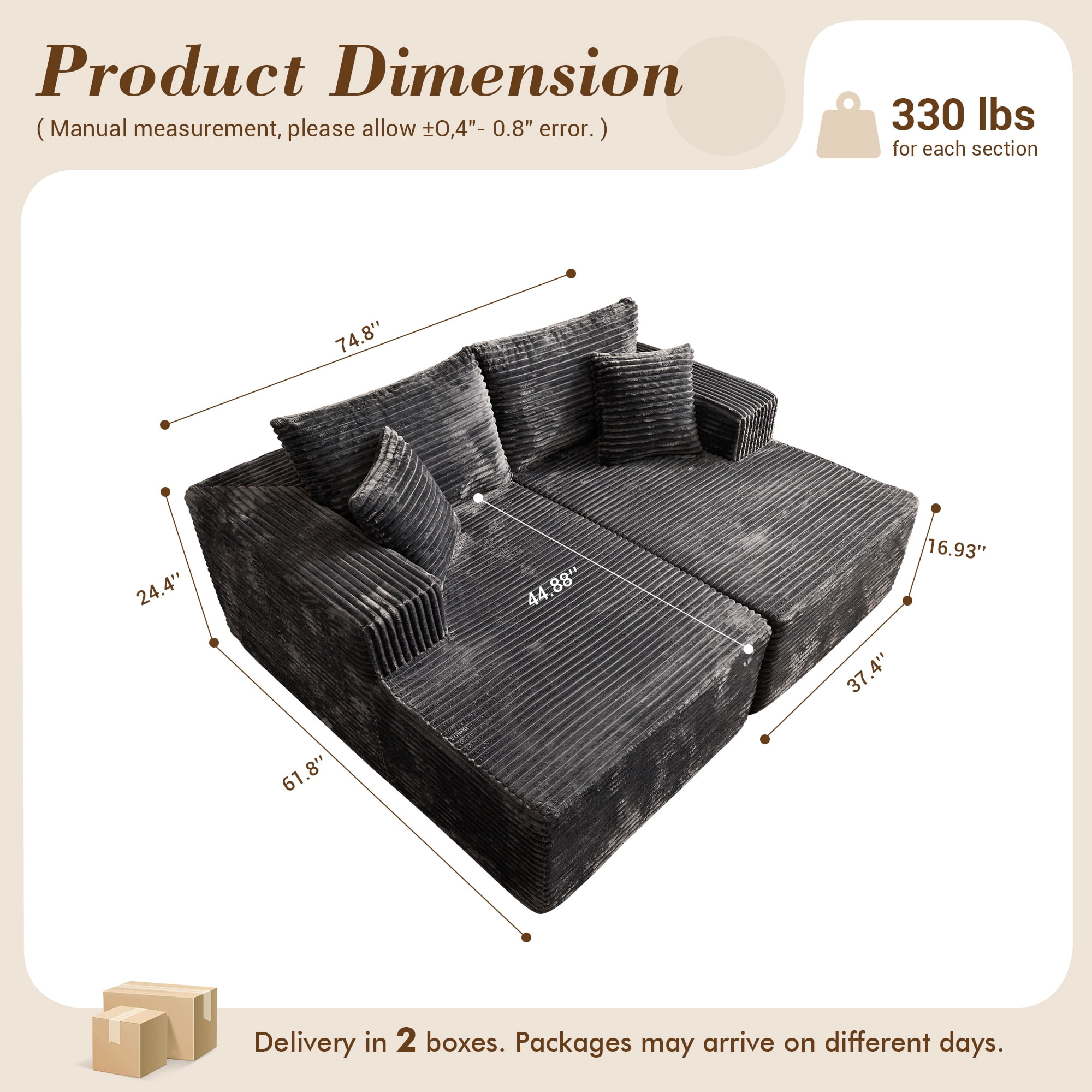 XIZZI Oversized Chaise Lounge Chair Indoor Double, Modular Sectional Sofa with Plush Corduroy, Sleeper Sofa Boneless Couch for Living Room Bedroom, No Assembly Required, Gray
