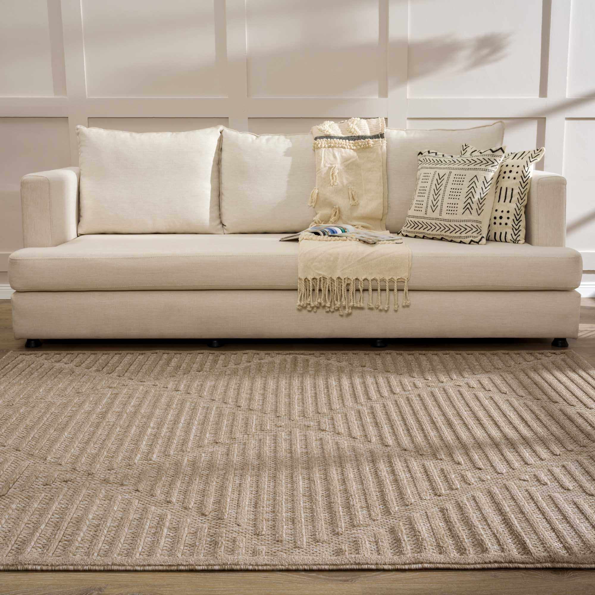 BoutiqueRugs Anah Geometric Indoor Outdoor Rug - Boho High Low Textured Area Rug - Performance Carpet for Patio, Living Room - High Traffic - Tan, Brown, Dark Beige - 6'7" x 9' (6x9)
