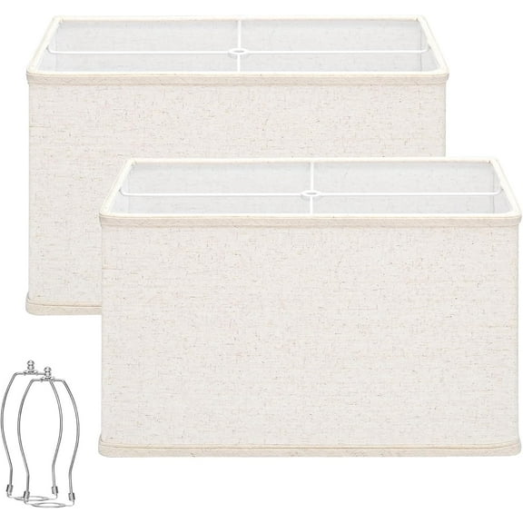 Rectangle Lamp Shades Set of 2, 16"L x 8"W x 10"H Large Beige Lampshades for Table Lamps Floor Lamps, Natural Linen Lamp Shade Replacement, Spider, Harp Holders Included, Easy Assembly Required
