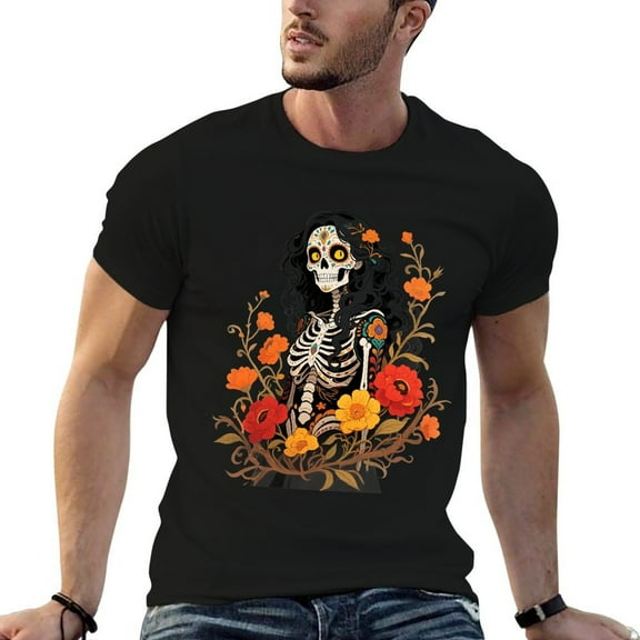 T-shirt Men's Day of the Dead theme pure cotton T-shirt men's top black and white sizes S-5XL