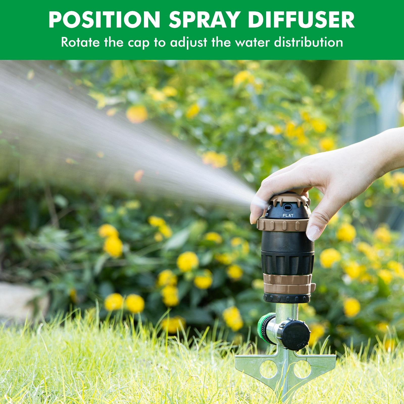 [2 Pack] Restmo Gear Drive Sprinkler with Metal Spike Base, 5-Pattern Heavy Duty Gardening Watering System, Multi-Adjustable Lawn Sprinkle for Garden Plant, Flower Bed and Large Yard Area, Brown