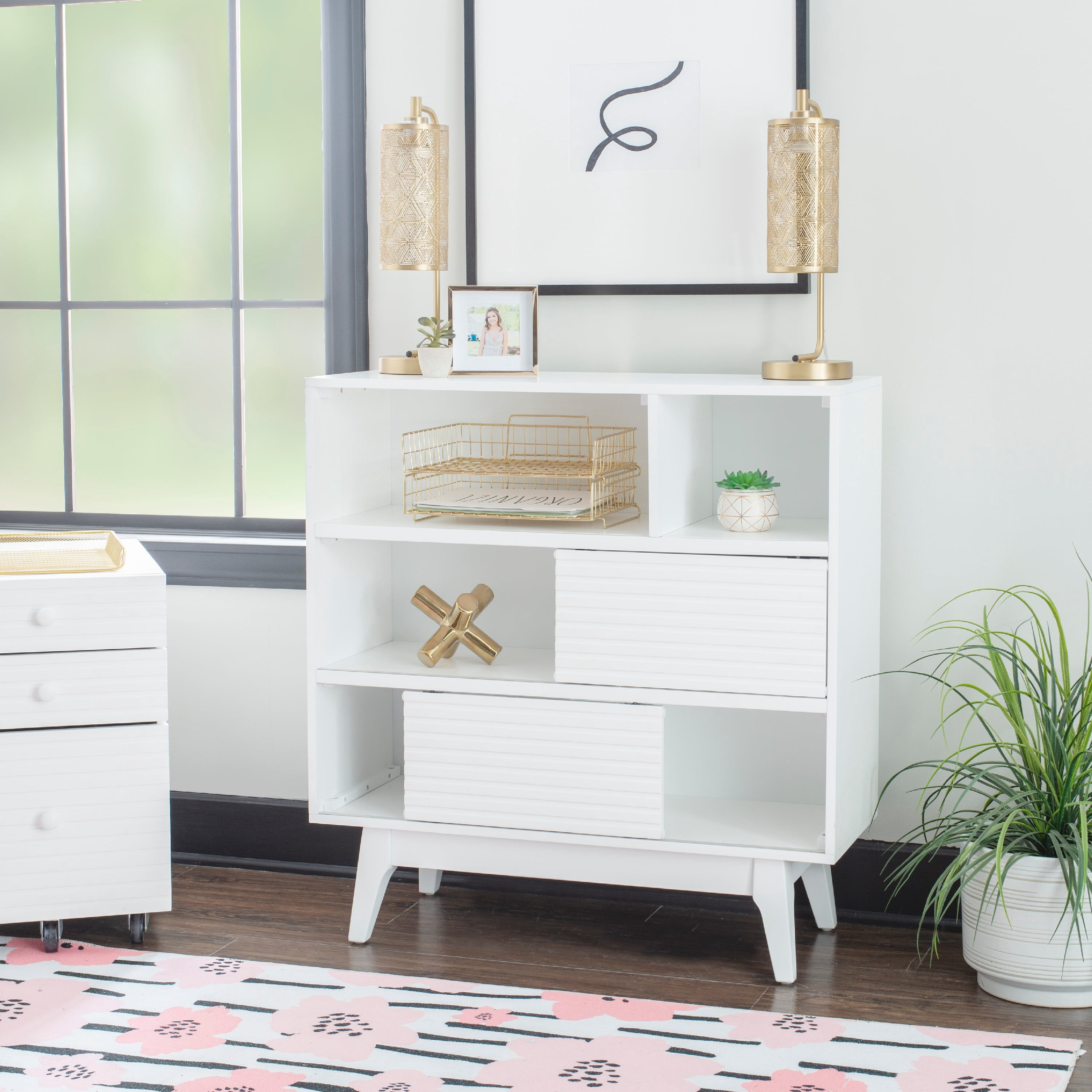 Powell Nixon 3-Shelf Bookcase with 2 Sliding Door Panels, Pure White