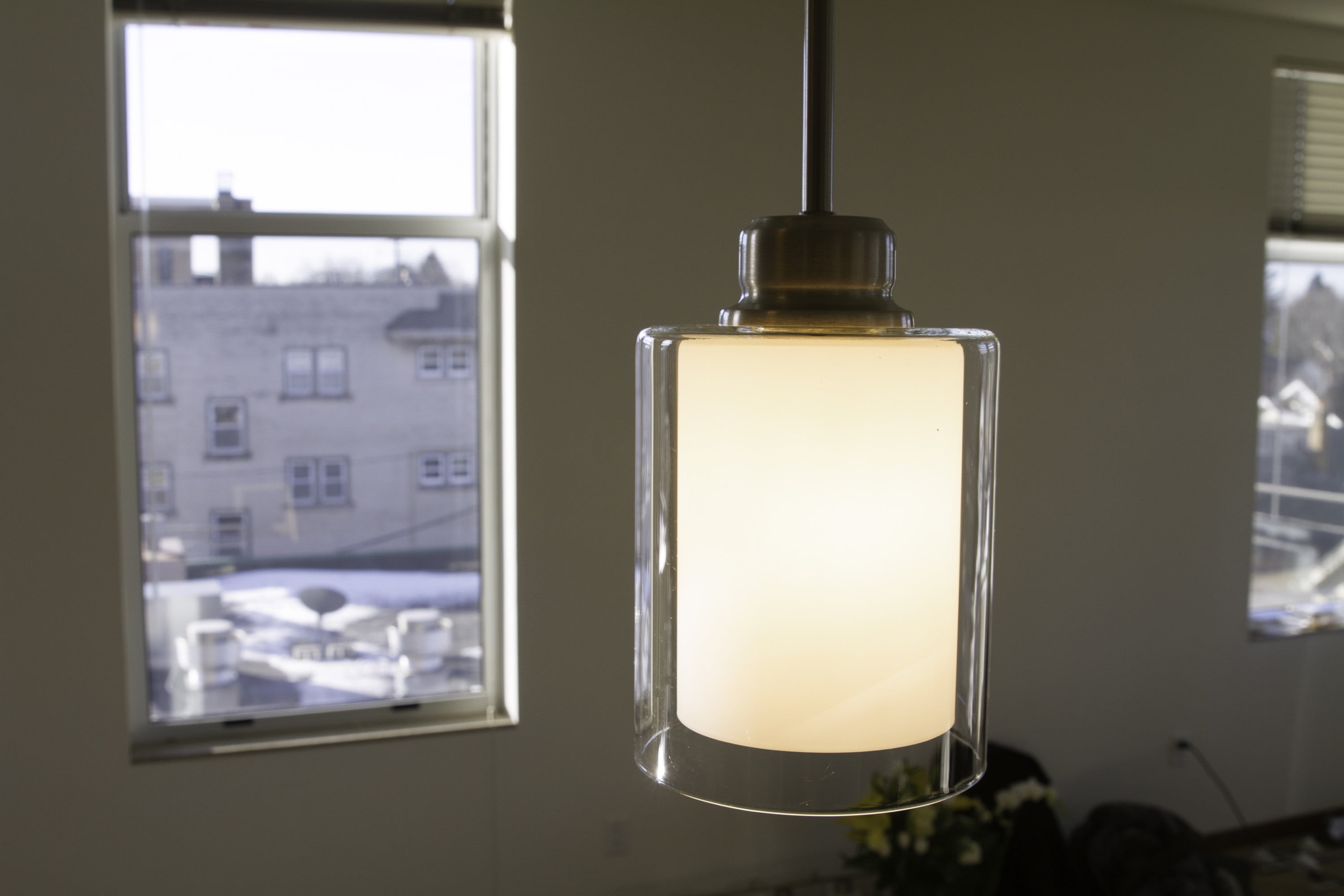 Design House 587345 Oslo Traditional 1-Light Integrated LED Indoor Dimmable Mini Pendant with Double Glass Shade for Bathroom Kitchen island bar Bar, Satin Nickel