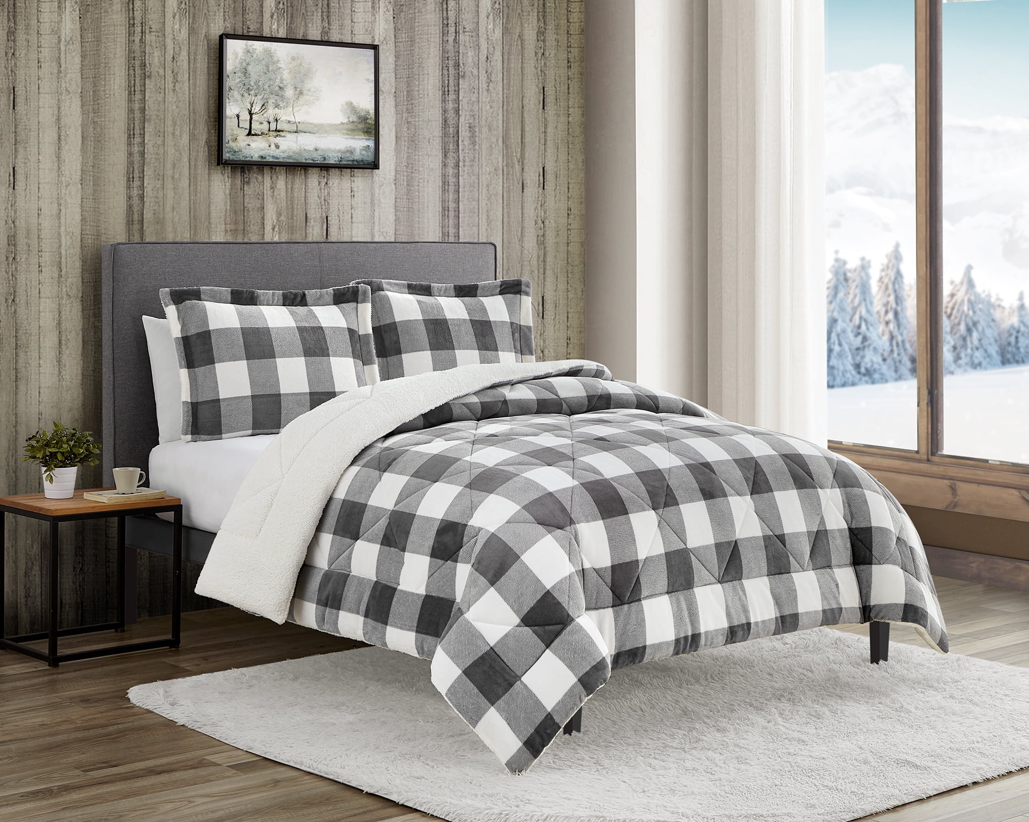 Buffalo Check Grey/White Ultra PlushSherpa 3 PC Comforter Bedding Set
