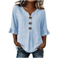 thumbnail image 2 of Qulqfy Womens Tops Striped Tunic Cotton 3/4 Sleeve Fall Ruffle Henley V-Neck Light Blue Button Down Casual Tshirts L, 2 of 7