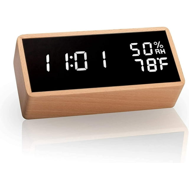 Reloj despertador electrónico, reloj despertador digital de madera, alimentado por USB con pantalla LED de hora, temperatura y humedad.