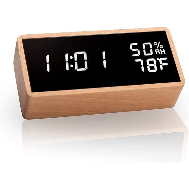 Reloj despertador electrónico, reloj despertador digital de madera, alimentado por USB con pantalla LED de hora, temperatura y humedad.