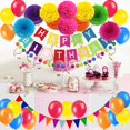 thumbnail image 4 of Decoraciones de cumpleaños, Decoraciones para fiestas con pancartas de cumpleaños, 35 piezas, pancartas de feliz cumpleaños, pompones, pancartas triangulares, guirnaldas, remolinos colgantes y globos, 4 of 4