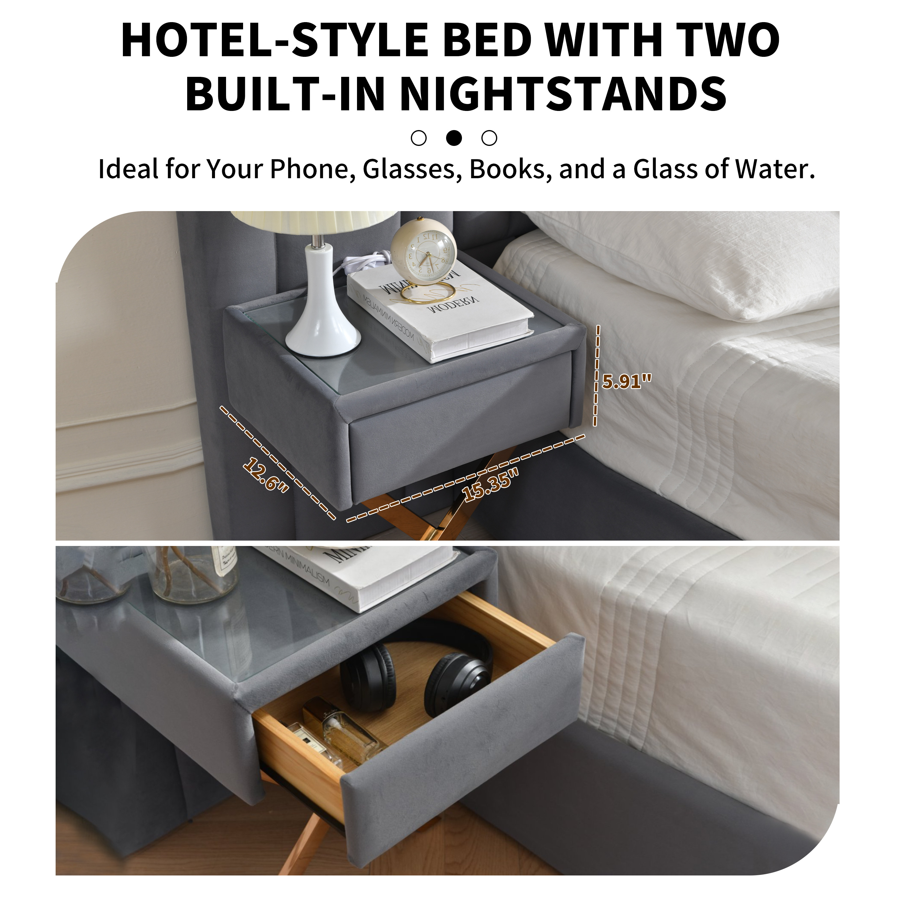 King Size Bed Frame with Built-in Nightstands, Lift Up Storage Bed with Oversize Upholstered Headboard, Luxury Bed Frame with Underneath Storage, Wood Slats Support, No Box Spring Needed, Gray