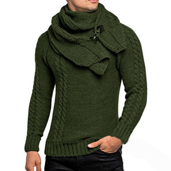 Men's Chunky Knit Sweater with Shawl Scarf Collar, Button Detail, Long Sleeve Pullover