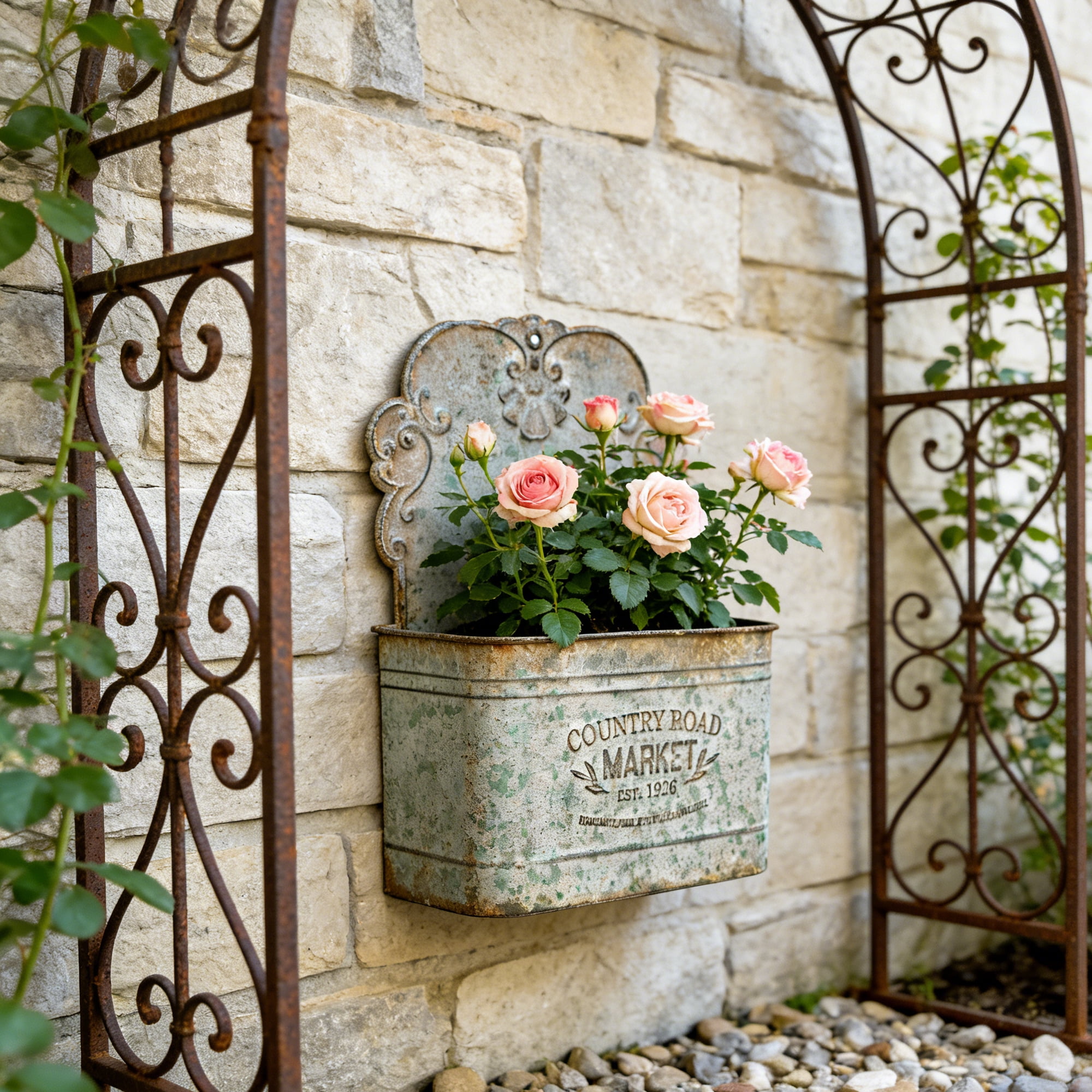 Galvanized Metal Wall Planter - Rustic Vintage Wall Mounted Planters for Indoor Outdoor Plants Farmhouse Hanging Plant Holder Decor (13.2" L x 9.5" H)