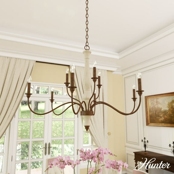 Hunter - Teren 9-light Distressed White, Extra Large Chandelier, Dimmable, Formal Style, Candle Shaped, for Bedrooms, Dining, Living Rooms - 19281
